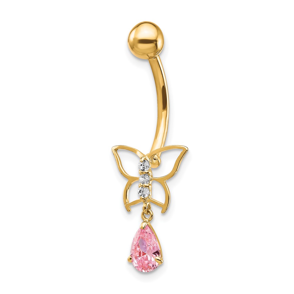 10k Yellow Genuine Gold With Dangle Drop Butterfly Pink Cz Belly Dangle Drop
